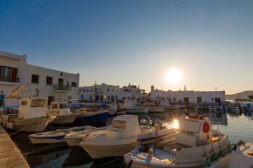 Fototapeta premium Fisher port at Naoussa, Paros, Greece at sunset