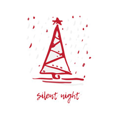 Hand-drawn festive Christmas and New Year card with holiday symbols tree and calligraphic greeting inscription