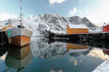Printed roller blinds Port Old wooden fishing boat moored-snow covered harbor-Nusfjord fishing village. Flakstadoya-Lofoten-Norway.0494