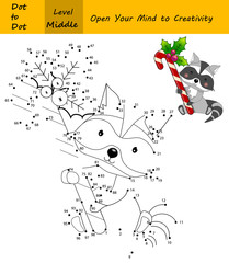 Raccoon in a Christmas time. Cute animal with  Xmas candy cane. Dot to dot (Number game)  Education game for smart kids and children.