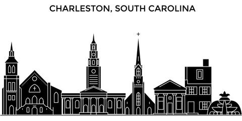 Obraz premium Usa, Karolina Południowa, Charleston architektura panorama, budynki, sylwetka, zarys krajobrazu, zabytki. Ilustracja miejskiej panoramę. Płaska konstrukcja wektor, koncepcja linii