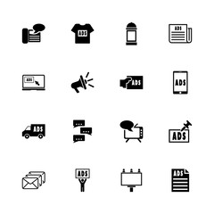 Advertisement icons - Expand to any size - Change to any colour. Flat Vector Icons - Black Illustration on White Background.