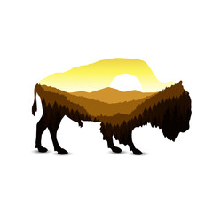 Silhouette of bison with mountain hills. © yik2007