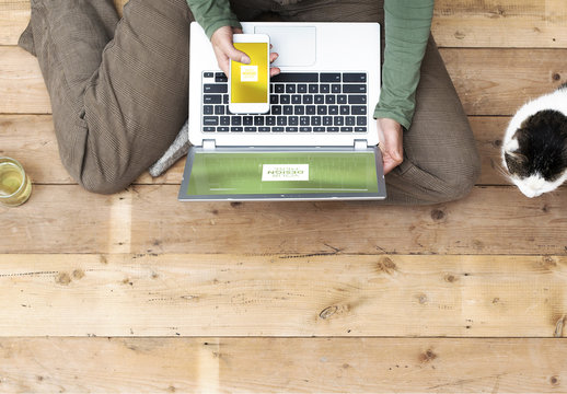 Top View Mockup of Smartphone and Laptop User with Cat