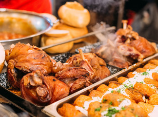 Grilled meat on a hot grill. Specialty meat sold as street food