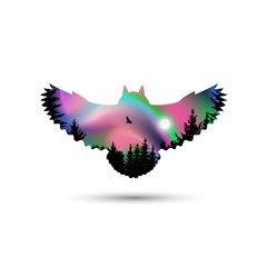 Silhouette of owl with coniferous trees and colorful sky. Moonlight. Northern lights.