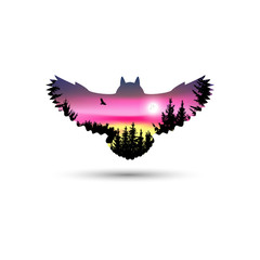 Silhouette of owl with coniferous trees and colorful sky. Moonlight.  Night. Northern lights. Pink and yellow tones.
