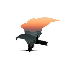 Silhouette of western eagle with rocks. Violet tones.