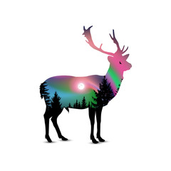 Silhouette of deer with coniferous trees on the background of colorful sky.  Flying eagle. Northern lights.