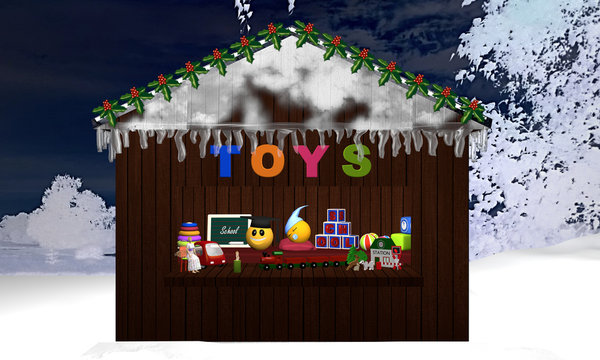 Weihnachtsstand mit Spielzeug und nächtlicher Schneelandschaft als Hintergrund