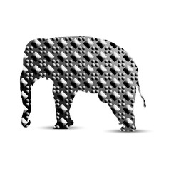 Silhouette of elephant with abstract background. Convex elements. Grey tones.