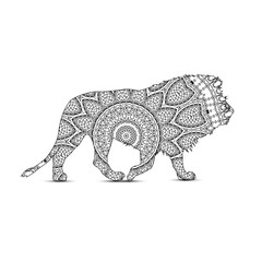 Silhouette of lion with king`s circular ornament.  Zentagle art.