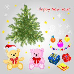 Christmas tree, toys, gifts, garlands, snowflakes.