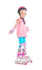 Girl on roller skates against white background