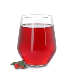 Glass with goji juice on white background