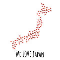 Japan Map with red hearts - symbol of love. abstract background