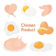 Chicken product - eggs, wings, legs, omelette. Cartoon flat style. Vector