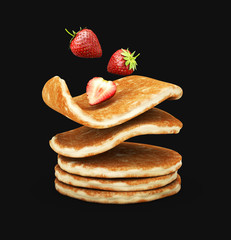 Stack of pancakes with strawberries isolated black. 3d Illustration