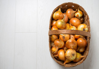 basket with onions on white wooden floor © Diana Taliun