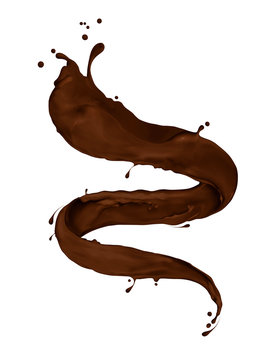 Chocolate splashes twisted in the shape of a spiral on white background