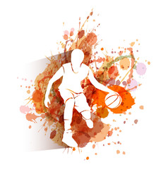 Vector white silhouette of basketball player on watercolor background