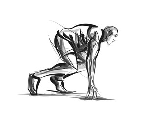 Vector line sketch athlete on track starting to run