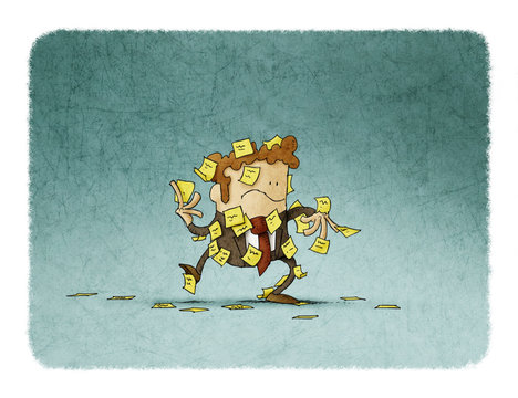 confused businessman with post it notes over his body. disorganization concept illustration.