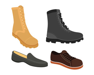 Male man season shoes in flat style. Men boots isolated set vector illustration