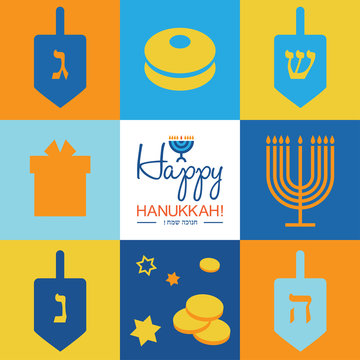 Happy Hanukkah jewish holiday icons set.