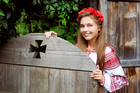 Beautiful slavonic girl in traditional costume