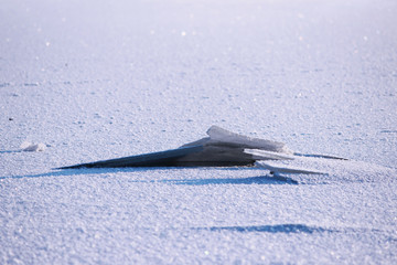 background of fresh white snow winter outdoor on the surface of the river covered with ice....