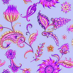 Fototapeta na wymiar Seamless paisley pattern. Decorative pattern of leaves and flowers, watercolor pattern in purple tones.