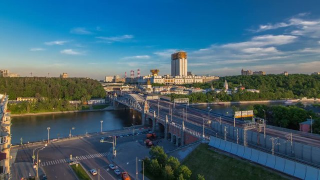 Evening view at the Russian Academy of Sciences timelapse and Novoandreevsky Bridge over the Moscow River.