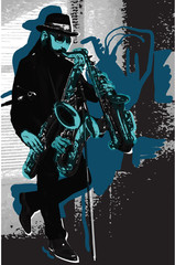 Fototapeta na wymiar Music, Musician. Bearded Sax Player in Blue. Evening mood. A few snapshots of move a musical instrument. An hand drawn illustration, vector