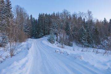 Winter landscape with a road in the frosty twilight
