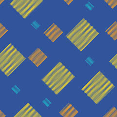 Repeating pattern with squares with lines on a blue background. Seamless vector pattern. Hand drawn image.