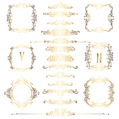 Big set of gold vintage styled calligraphic frames and flourishes, complex and exquisite decoration for invitation or greeting card