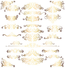 Collection of vintage calligraphic flourishes, curls and swirls decoration for greeting cards,books or dividers. Gold set for decoration and design