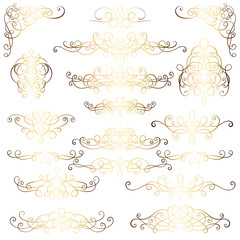 Collection of vintage calligraphic flourishes, curls and swirls decoration for greeting cards,books or dividers. Gold set for decoration and design
