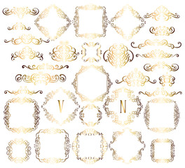 Big set of gold vintage styled calligraphic frames and flourishes, complex and exquisite decoration for invitation or greeting card