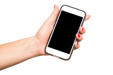 Phone in hand. Woman holding a bright white telephone with a blank screen. Phone ready to fill the content. Photo for use in projects.
