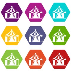 Circus tent icon set color hexahedron