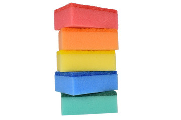 Green, blue, yellow, orange, red nylon sponges for cleaning ware. Isolated on white background