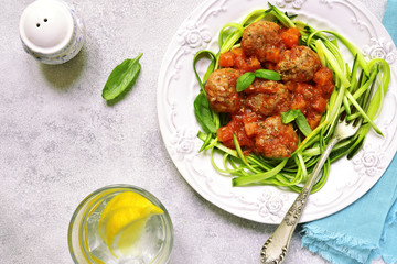 Meatballs with zucchini noodles.Top view.