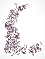 Stylized rose flowers bouquet. Branch of flowers and leaves interlacing. Corner Decorative Composition