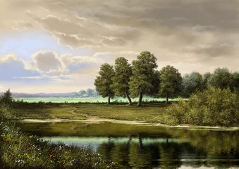Tuinposter Schilderijen landschap, olie digitale verf, kunst, rivier, bomen, lucht © yaroslavartist