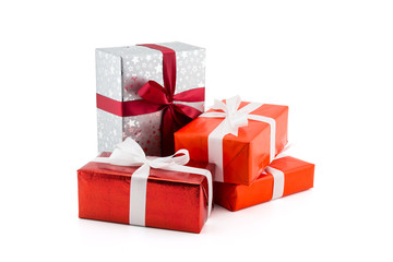 Many gift box white ribbon isolated on white background, using for christmas and new year or...