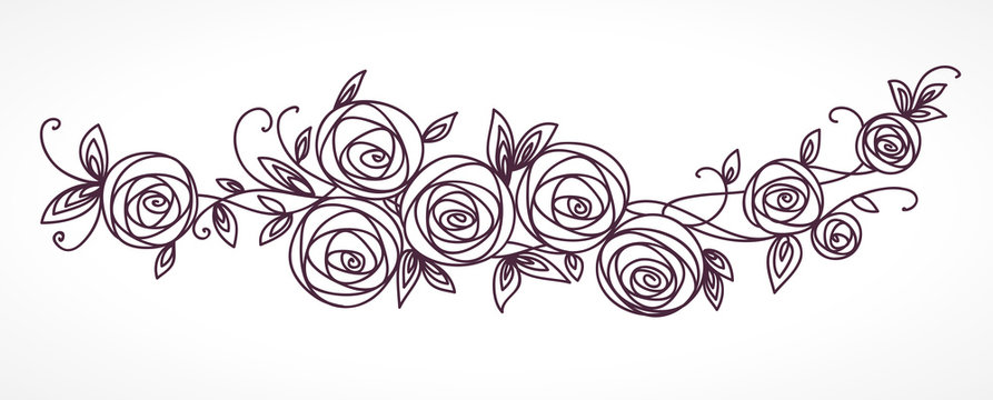 Stylized rose flowers bouquet. Branch of flowers and leaves interlacing