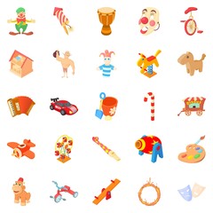 Wooden toy icons set, cartoon style