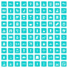 100 tourism icons set grunge blue